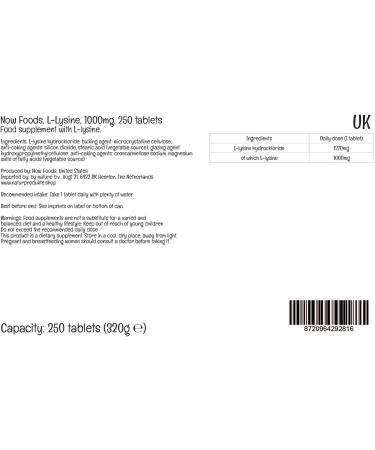 Now Foods Double Strength L-Lysine 1000mg - 250 Vegan Tablets | High Dose Amino Acid | Lab-Tested | Vegetarian, Gluten Free, SOYA Free, GMO Free - Buy Online on GoSupps.com
