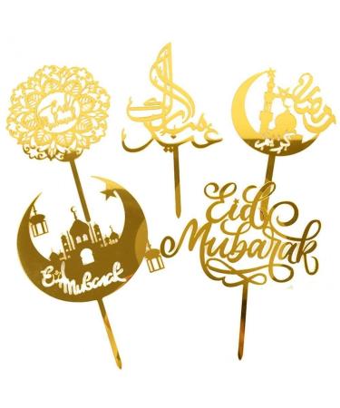 Eid Mubarak Cake Toppers Golden Acrylic Moon Cake Topper for Islamic Muslim Festival Kareem Ramadan Cupcake Decorations Supplies