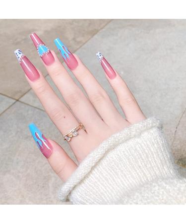 Xerling Blue Heart French Coffin Nails with Charms - Long Press On Ballerina Fake Nails for Women & Girls | Stylish Stick-On False Nails (Pattern C - Buy Online on GoSupps.com