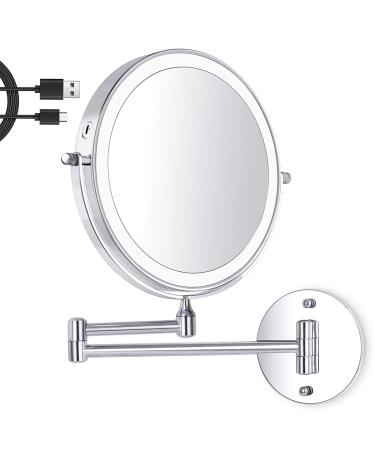 Amelar 8 Inch Wall Mounted Makeup Mirror USB Rechargeable LED 3 Color Lights Two Sided 1X/10X Magnifying Mirror Touch Switch Intelligent Shutdown 360° Swivel Vanity Mirror for Bathroom Hotel(Silver) 1.silver