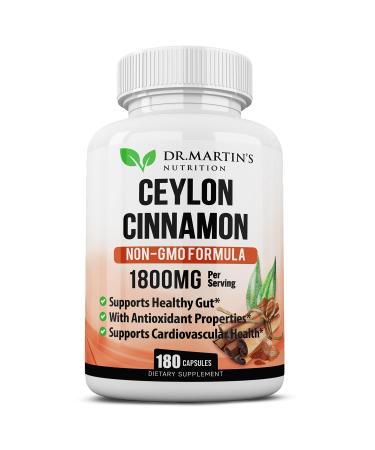 1800mg Organic Ceylon Cinnamon Capsules | 180 Count | Supports Joints Healthy Inflammatory Responses Antioxidant & Cardiovascular Health | Non-GMO & Gluten Free Supplement