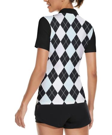 Soneven Women's Long Sleeve Golf Polo Shirt - Moisture Wicking, Quick Dry Half-Zip Pullover for Athletic Workouts - Black Plaid Design - Buy Online on GoSupps.com