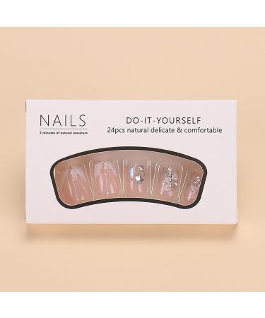 V French Tips Short Square Press-On Nails | Flower Acrylic Fake Nails with Rhinestones & Glitter | Glossy Nude Glue-On Nail Art for Daily Wear - Buy Online on GoSupps.com