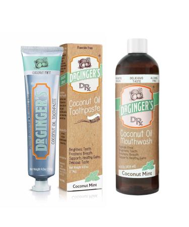 Dr. Ginger's Coconut Oil Care 2pc Bundle  All-Natural Toothpaste (4oz) & Mouthwash (14fl oz) for Fresh Breath  Gum Health  Brightening  & Plaque Prevention  Ultimate Oral Care  Coconut Mint Flavor