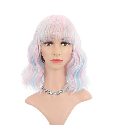 Faelbaty Pink Short Wave Bob Wig - Pony Curly Synthetic Cosplay Wig for Girls & Women - Shoulder-Length Candy Color Costume Wig (12 Mixed Blue & Pink) - Buy Online on GoSupps.com