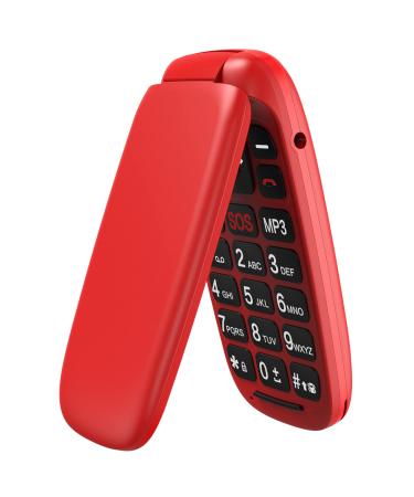 USHINING GSM senior mobile phone flip phone without contract large button mobile phone simple with emergency call button 1.77 inch color display - red