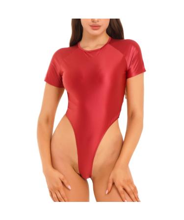 YiZYiF Women's 70D Oil Glossy Thong Bodysuit Short Sleeve High Cut Leg Thong Backless Leotards Burgundy X-Large