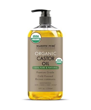 Majestic Pure USDA Organic Castor Oil | Hexane Free & 100% Pure | Cold Pressed | Stimulate Growth for Hair Eyelashes Eyebrows Nails | Moisturizing & Nourishing | Body Hair & Carrier Oil | 8 Fl Oz Organic Castor 8 Fl Oz