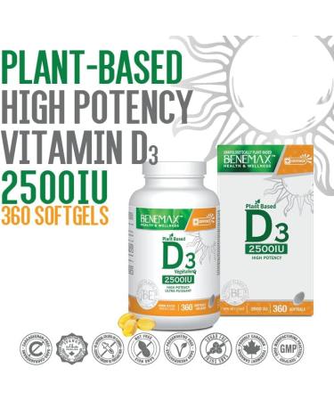 Benemax Vitamin D3 2500 IU For Healthy Bones Teeth and Helps Prevent Vitamin D Deficiency Plant Based & Vegan 360 Day Supply - Buy Online on GoSupps.com