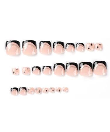 Black French Tip Press On Toenails with Gold Glitters and Stars - Short Square Full Cover False Toe Nails - Acrylic Cute Stick On Toe Nails for Women - Buy Online on GoSupps.com
