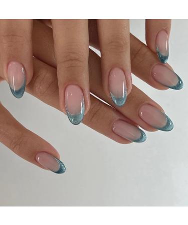 French Tip Press on Nails - Short Press On Nails with Nail Tips Simple dark green cat eye almond shaped false nails press on nails Acrylic False Nails Cute Artificial Nails