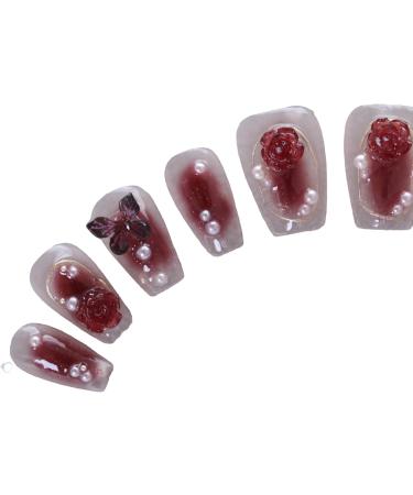 PN-019 Press-On Nails Hand Nails Polished 10 Pieces Reusable Artificial Nails Rose Butterfly Rhinestone Glitter Pink Red - Buy Online on GoSupps.com