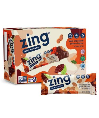Zing Dark Chocolate Peanut Butter Vegan Protein Bars Gluten Free with High Protein High Fiber Dairy Free Nutrition Bars Plant Based Protein Kosher Low Sugar No Sugar Alcohols - 6 count