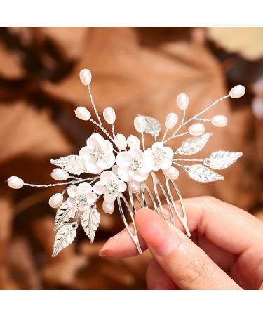 Edary Bride Wedding Hair Comb Silver Flower Headpiece Pearl Wedding Hair Clip Bridal Rhinestone Hair Accessories for Women and Girls