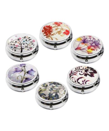 6Pcs Elegant Pill Box Case CREATIEE-PRO Portable Medicine Tablet Vitamin Holder Organizer with 3 Component for Purse Pocket Travel - Practical & Fashionable(6 Patterns 1.6Inches) Style 1