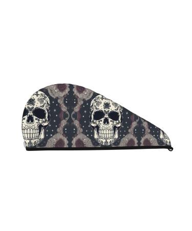 Skull Yoga and Flower Coral Velvet Dry Hair Cap Caps with Buttons for Drying Curly Long & Thick Hair Anti Frizz
