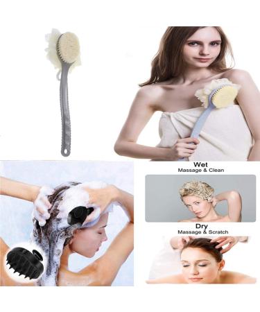 Long Handle Shower Back Scrubber with Bristle, Loofah, and Scalp Massager - Gray - Buy Online on GoSupps.com