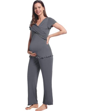 Women's Maternity Pyjama Set | Short Sleeve Tops & Long Pants | Summer Cool Moisture Wicking | XXL Dark Grey - Buy Online on GoSupps.com