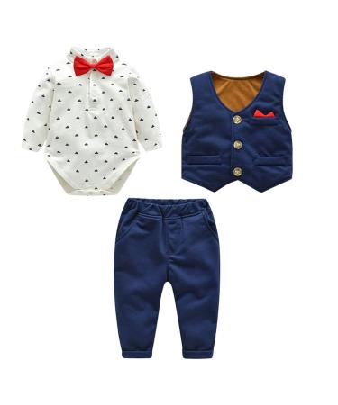 famuka Baby Boy 3 Piece Formal Outfit Suit with Bows Waistcoat Gentleman Tuxedo Navy 1 3 Months