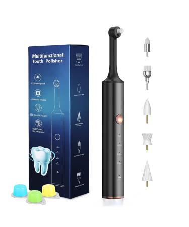Tooth Polisher NAUQUOHZ Teeth Cleaning Kit for Daily Cleaning & Teeth Whitening for People/Pets 5 Brush Heads 4 Speed Modes Waterproof and LED Light Black