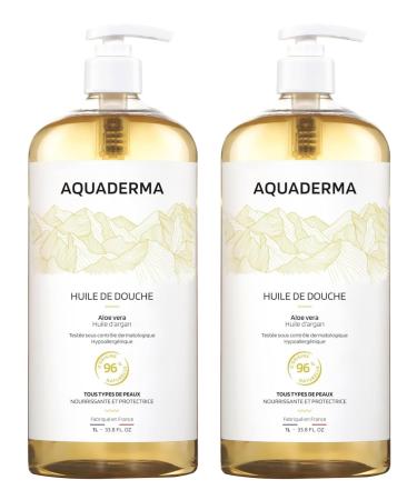 Aquaderma Aloe Vera & Argan Oil Shower Oil Set of 2 x 1L - 96% Natural Origin - Made in France - Nourishes & Protects - All Skin Types - Face & Body - Hypoallergenic