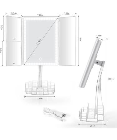 ProYankiot Trifold Makeup Mirror with Lights and Storage - 38 LED Lights, Touch Screen, 3X/2X/1X Magnification, 90 Degree Rotation - White - Buy Online on GoSupps.com
