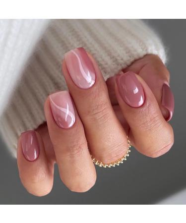 SINLOV Medium Square Fake Nails Pink Nude French False Nail Glossy Full Cover False Nails Press on Nails for Women and Girls