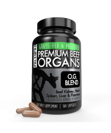 Paleo Pro O.G. Blend Premium Beef Organs Capsules, Kidney, Heart, Liver, Spleen and Pancreas from Grass Fed & Pastured Cows, Dietary Supplement, No Added Hormones or Antibiotics, 180 Capsules beef 180 Count (Pack of 1)