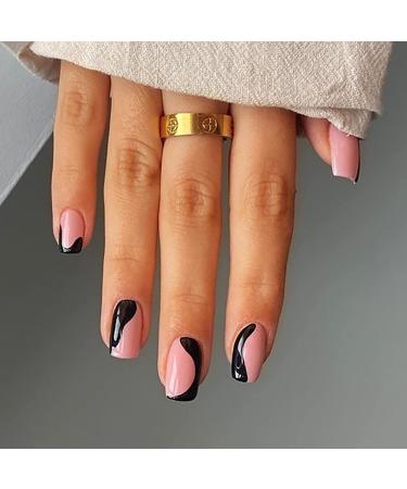 24 Pcs Short Coffin Press On Nails - Black Graffiti Acrylic Fake Nails with Glue for Women & Girls - Buy Online on GoSupps.com