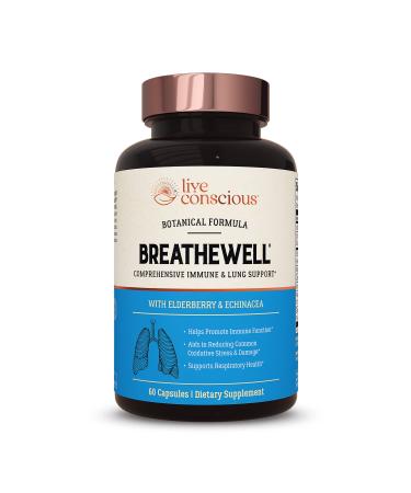 Live Conscious BreatheWell Botanical Respiratory Immune Supplement | with Echinacea Elderberry Zinc | Immune System Support Vitamins 60 Capsules