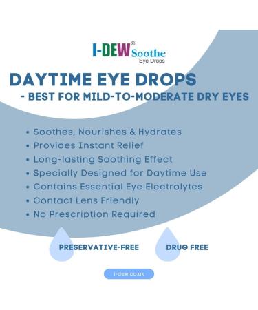I-Dew Soothe Daytime Eye Drops for Dry Eyes Hypromellose Eye Drops for Contact Lens Users and Red Eyes Soothes and Hydrates Dry Eye Long-Lasting Relief 2 x 10ml Duo Pack 10 ml (Pack of 2) - Buy Online on GoSupps.com