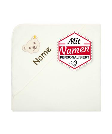 Lalalo Steiff bath towel with hood hooded towel embroidered with name for baby & children terry bath towel/baby bath towel 100x100 cm (white/beige) white/beige