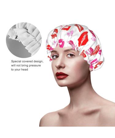 Red Pink Lip Kiss Waterproof Luxury Shower Cap for Women | Reusable Bath Hair Cap | Fashionable Elastic Shower Hat for Long, Short, Curly Hair - Color 9 - Buy Online on GoSupps.com