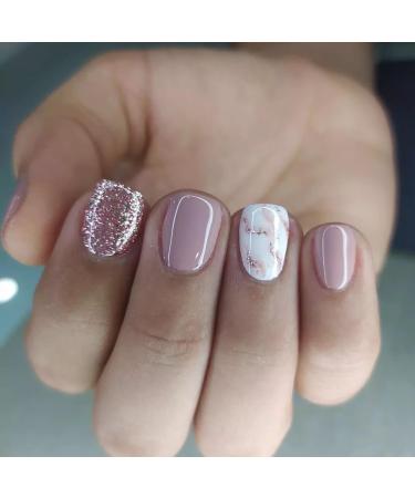 False Nails Short 24Pcs Purple White Fake Nails Purple Glitter Press on Nails Purple White Marble Nail Tips with Glue Squaoval Stick on Nails for Women Girls Nails Art Pink Smudge Short