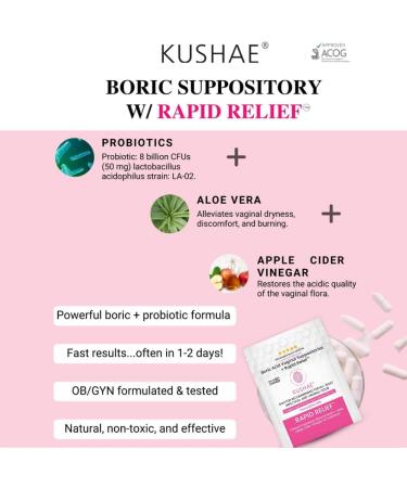 Kushae Boric Acid Vaginal Suppositories - All Natural Female Relief with Probiotics & Aloe Vera pH Balance 6 Capsules - Buy Online on GoSupps.com