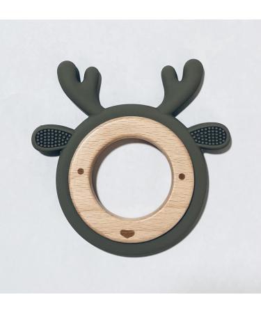 LogiBear Animal Baby Teether Ring for 6+ Months  Non-Toxic BPA Free Food Grade Silicone and Beech Wood  Baby Tested for Easy Grip and Soothing Teething Pain (Deer  Sage) Deer Sage