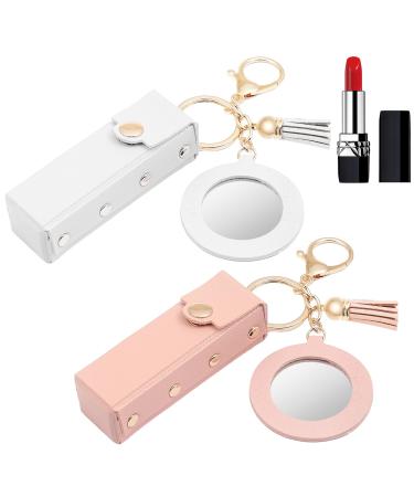 Chapstick Holder Key Chain Pink Lip Balm Holder Portable Lipstick Case Holder for Women Mini Lipstick Holder Bag Girls Travel Lipgloss Makeup Storage for Lipstick Lip Gloss Cosmetics(Pink White)