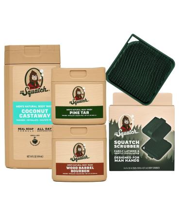 Dr. Squatch NEW Body Wash for Men with Nourishing Natural Ingredients | No Paraben Phthalate Sulfate | Coconut Castaway (14 oz) Wood Barrel Bourbon & Pine Tar (8 oz 2-Pack) & Body Scrubber Tropical Timberland