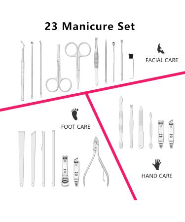 Manicure Set Professional Nail Clippers Kit Pedicure Care Tools 23pcs Stainless Steel Grooming Tools with Black PU Leather Case for Travel or Home (Pink/Silver) - Buy Online on GoSupps.com