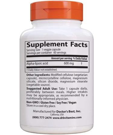 Doctor's Best Alpha-Lipoic Acid 600mg - Non-GMO, Gluten-Free, Vegan - Promotes Healthy Blood Sugar - 60 Veggie Caps - Buy Online on GoSupps.com