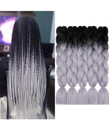 AIDUSA Ombre Braiding Hair Gray Jumbo Braiding Hair Extensions 5pcs Synthetic Braids 24 Inch 2 Tones Gray Hair for Box Braids Crochet Braids 100g (#28 Black to Grey) 24 Inch (Pack of 5) #28 Black to Grey