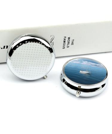 Round Pill Box - White Boat on Blue Sea Print | 3 Compartment Portable Pill Organizer | Decorative Metal Pocket Medicine Case - Style 33 - Buy Online on GoSupps.com