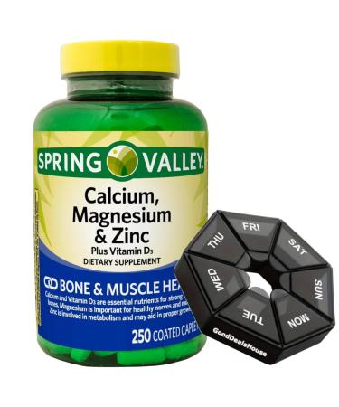 Bundle: Spring - Valley Calcium Magnesium & Zinc Plus Vitamin D3 Coated Caplets 250 Count + GoodDealsHouse Weekly Pillbox