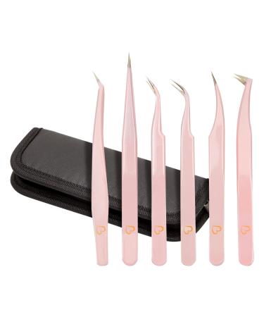 6-Piece Precision Tweezer Set for Eyelash Extensions with Storage Case (Light Pink)