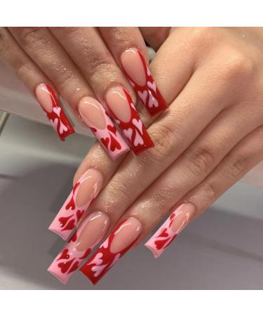 JUSTOTRY 24 Pcs False Nails Long with Pink Heart Red French Press on Nails Patterns Pretty Ballerina Stick on Nails for Women Acrylic Coffin Fake Nails Medium with Glue for Nail Art red&heart1