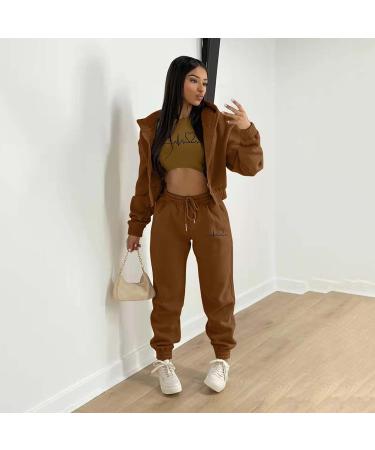 Shop Women's Long-Sleeved Jogging Suit Set | Hooded Sweater & Pants | Stylish Leisure Sportswear - Brown XL - Buy Online on GoSupps.com