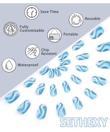Sethexy Glitter Almond False Nails - 24 Pcs Swirl Press-On Nails for Women & Girls | Blue Hawaii Acrylic Stick-On Nails - Buy Online on GoSupps.com
