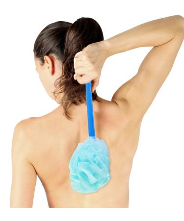 HOME-X Pouf Back Scrubber Shower Loofah Set of 2 - Long Handle, Purple and Blue - 14 L x 4 W - Buy Online on GoSupps.com
