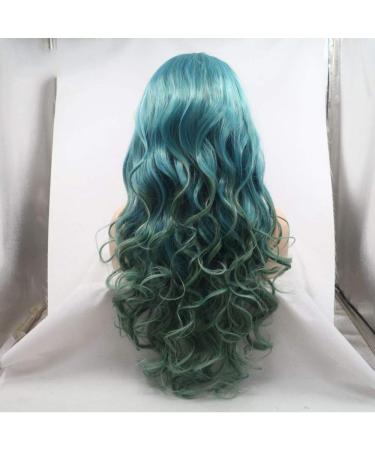 SHIYID Heat Resistant Body Wave Two Tones Synthetic Lace Front Wig - Green & Blue for Women | Middle Parting - Buy Online on GoSupps.com