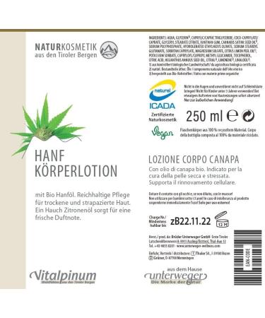 Unterweger HEMP BODY LOTION 250ml | Natural Cosmetics for Sensitive Skin | Organic Hemp Oil - Buy Online on GoSupps.com